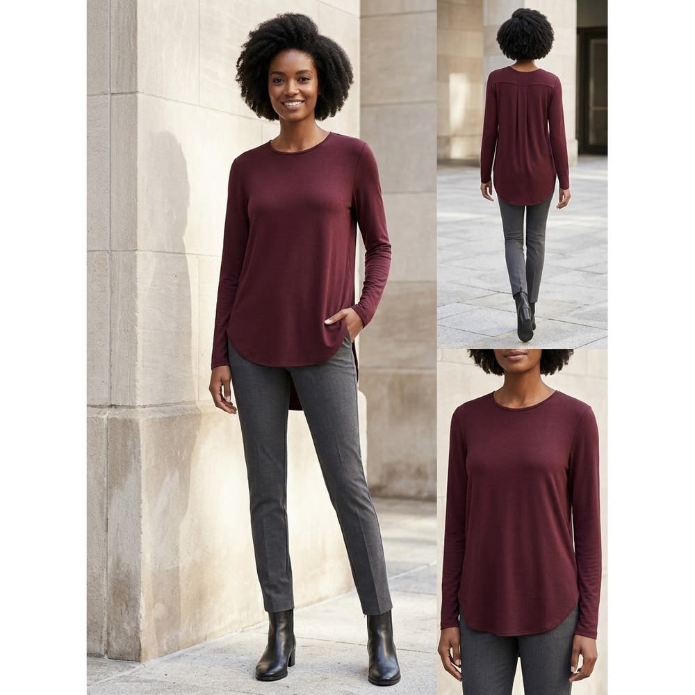 Theory Alania B Rib Viscose High Low Long Sleeve Top Burgundy Wine Size M